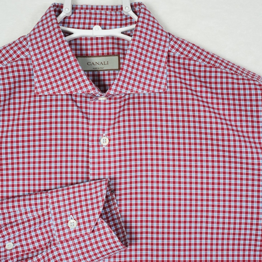 Canali Mens Red Blue Gingham Cotton Button Down Shirt Made in Italy Size 16 41